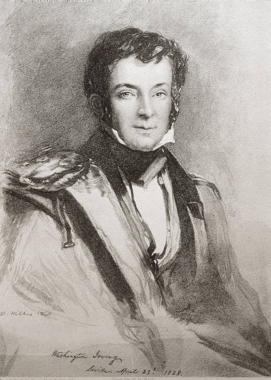 Portret van de Amerikaanse romanschrijver en historicus Washington Irving, gemaakt in Sevilla (1828). Lithografie. door Unknown artist