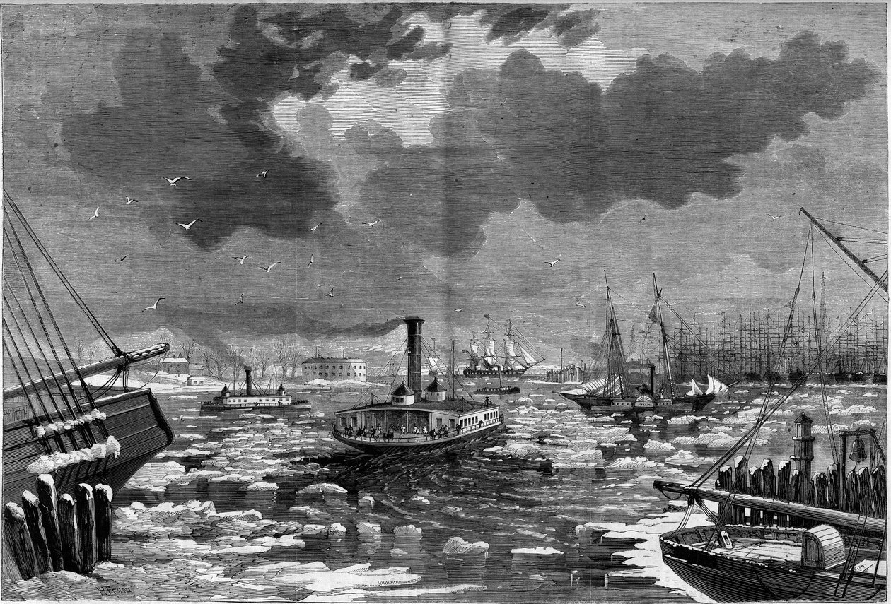 Ijsdebacle in New York (New York), Verenigde Staten (Verenigde Staten) gezien vanaf de oostelijke rivier. Gravure in 