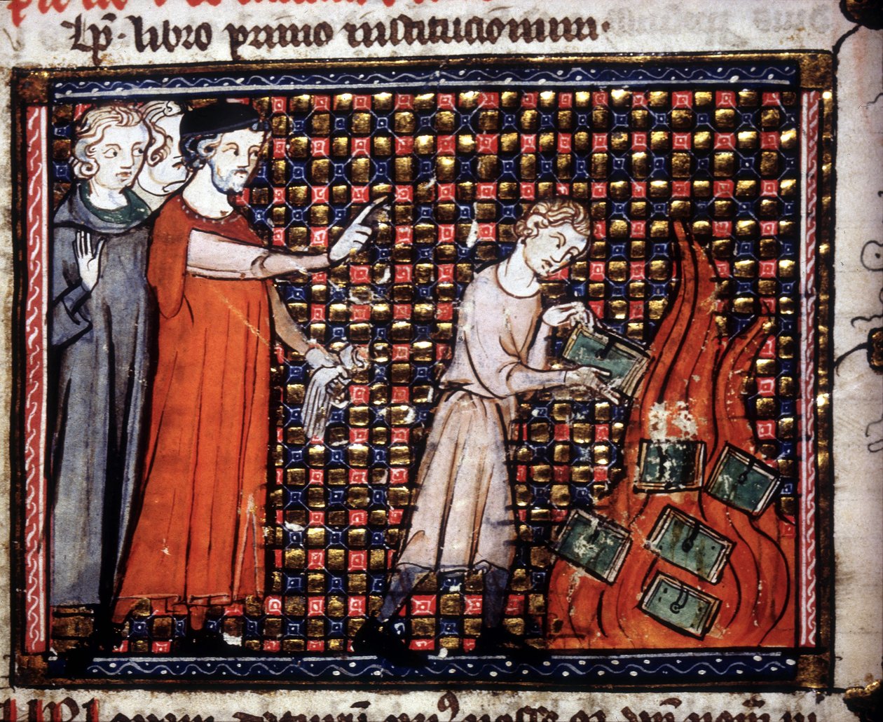 Beeldenstormers gooien miniatuurmanuscripten in het vuur. 14e-eeuws manuscript. door Unknown artist