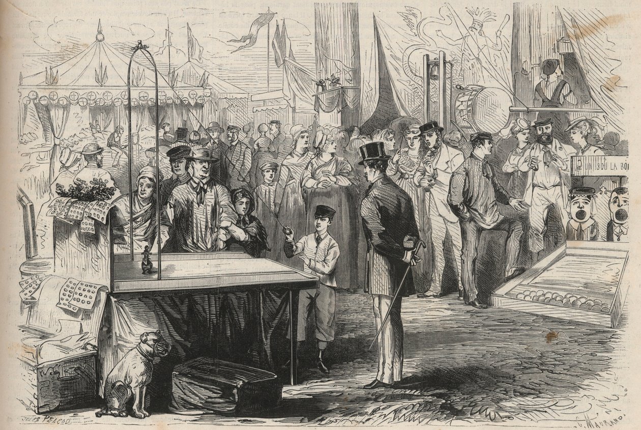 Keizerlijke Prins Eugene Louis Joseph (1856-1879) op het feest van Fontainebleau. Hij probeert een pop te ontcijferen met behulp van een bal aan een touw. Gravure in 