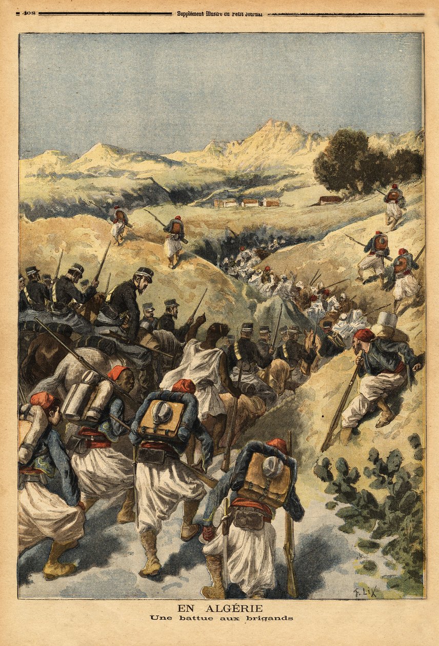 In Algerije, een bataljon georganiseerd door een heel bataljon Zouaven, versterkt door de cavalerie, om Areski ben Bashir te vangen door Unknown artist