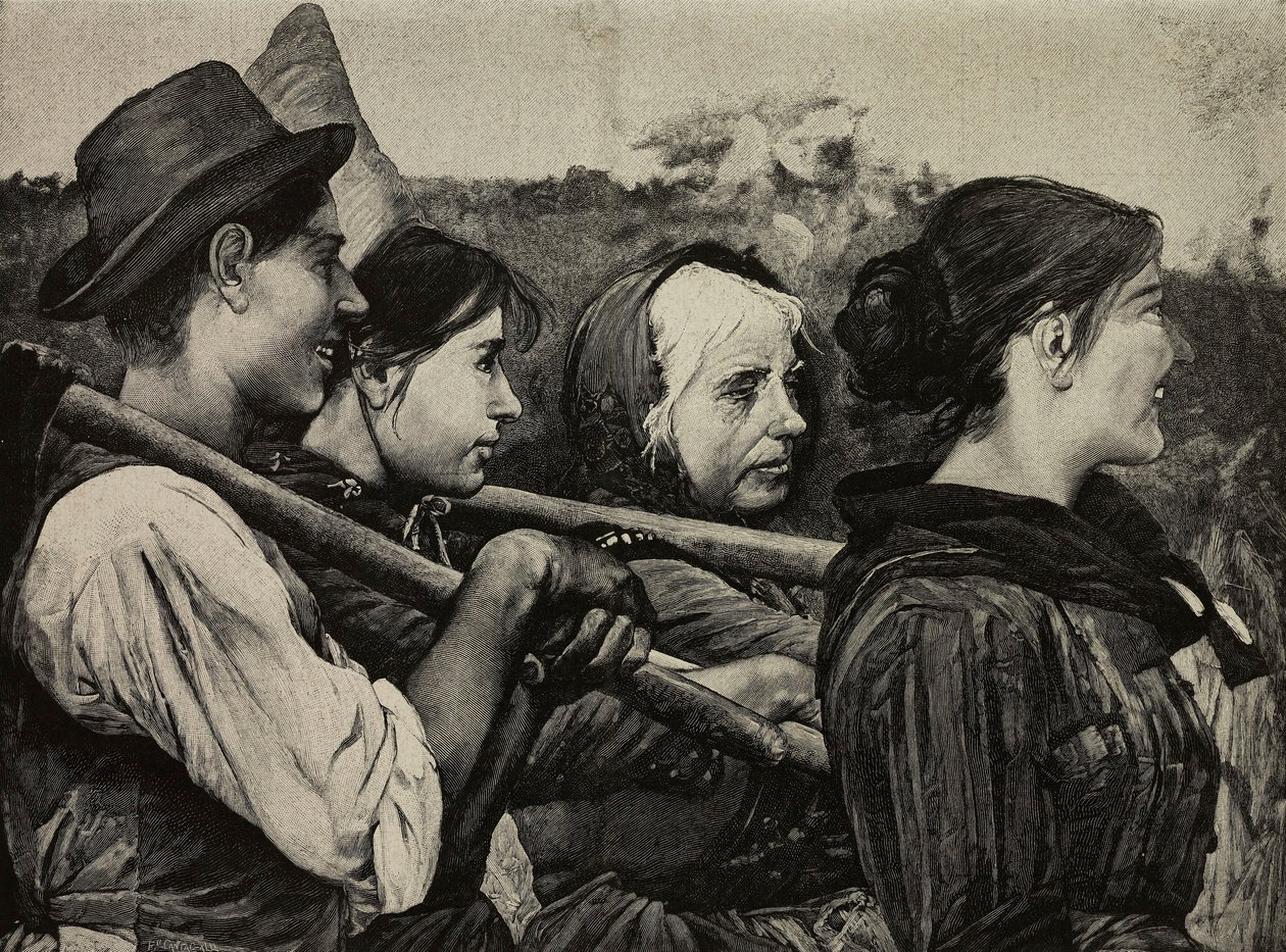 In de velden, schilderij van Egisto Ferroni (1835-1912), gravure van F Cantagalli naar een foto van G Brogi uit L
