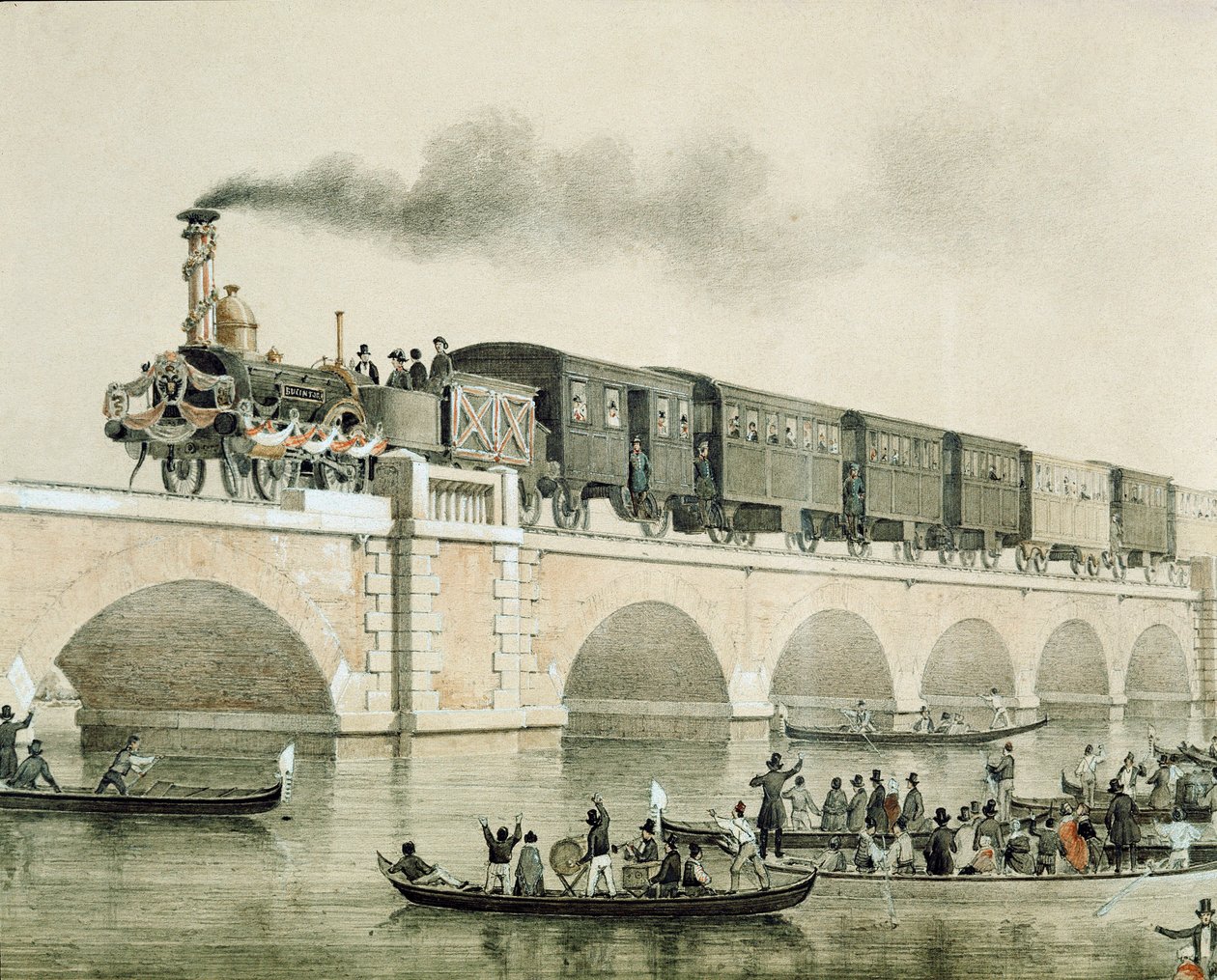 Inhuldiging van de brug over de lagune van Venetië om de stad met het vasteland te verbinden door Unknown artist
