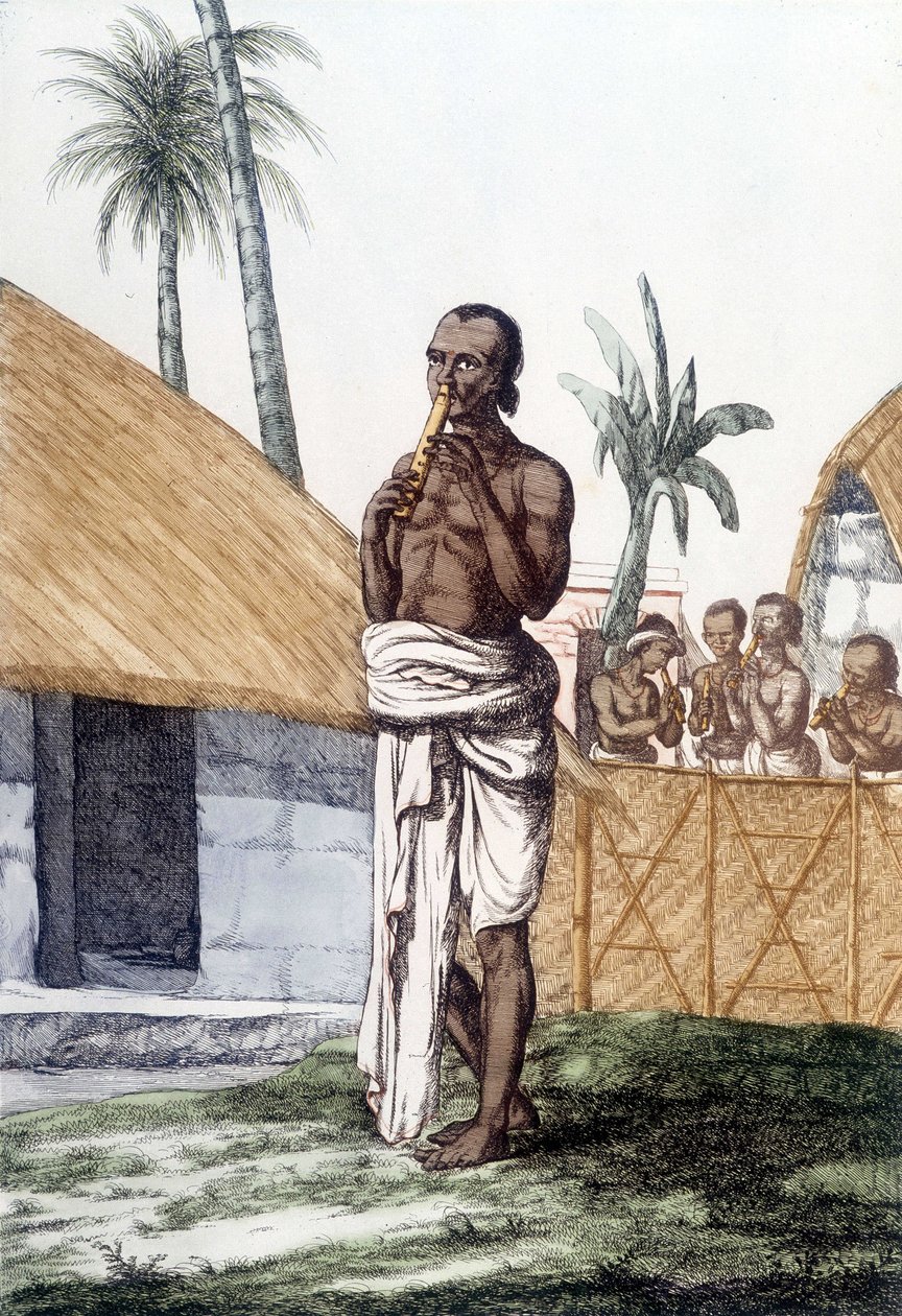 Indiase cultuur en beschaving: muzikant die de bansuri-fluit bespeelt, traditioneel muziekinstrument, India. Gravure 1808 door Unknown artist