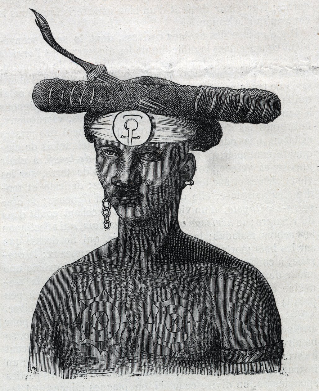 Inheemse bevolking van Nieuw-Guinea: inwoner van de Arfaque-bergen. Gravure in 