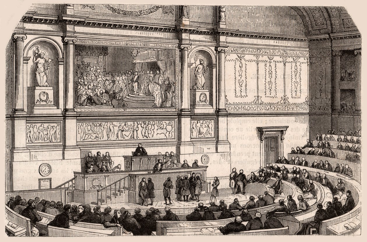 Binnenaanzicht van de Nationale Vergadering tijdens een zitting van de Kamer van Afgevaardigden, Parijs, Frankrijk door Unknown