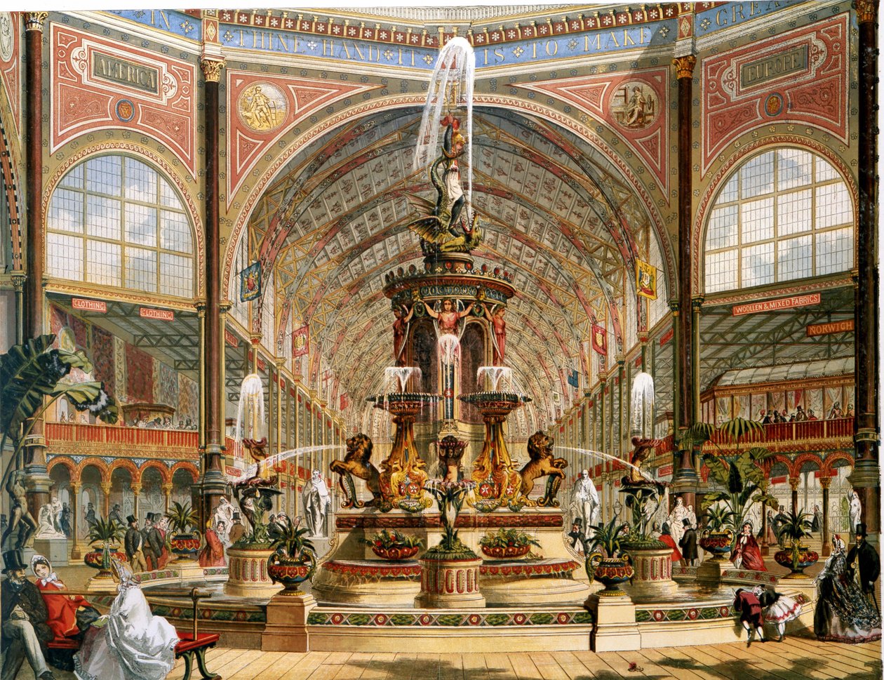 Interieur van het Crystal Palace tijdens de Internationale Tentoonstelling van 1862. Majolica fontein door Minton. Chromolithografie door Unknown artist