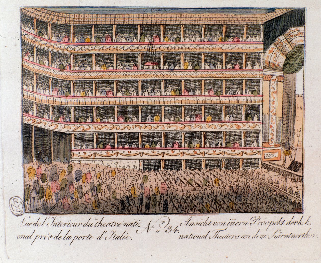 Interieur van het Nationaal Theater bij de Italiaanse Poort in Wenen, Oostenrijk. Gravure uit 1815 Privécollectie door Unknown artist