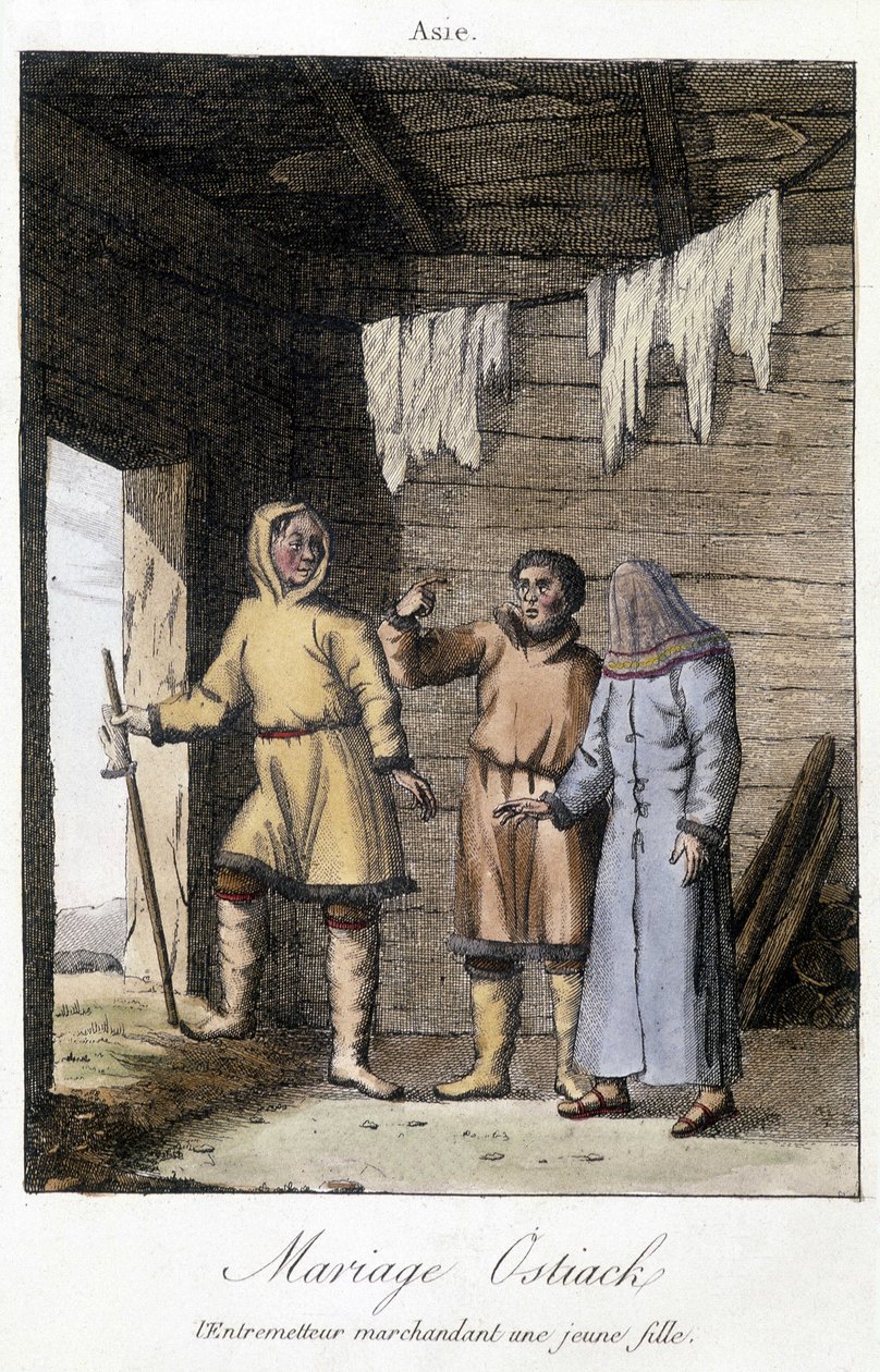 Tussenpersoon onderhandelt over een jong meisje voor een huwelijk Ostiak (Khanty of Khante) (Paleosiberische jagersstam gevestigd in het bosgebied van de midden Ob-vallei) door Unknown artist