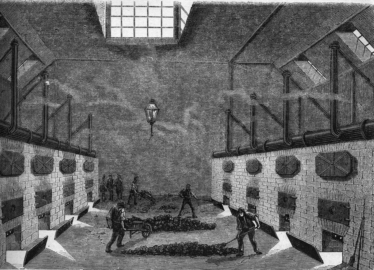 Interne weergave van een gasfabriek. Gravure uit 1860-1861. door Unknown artist