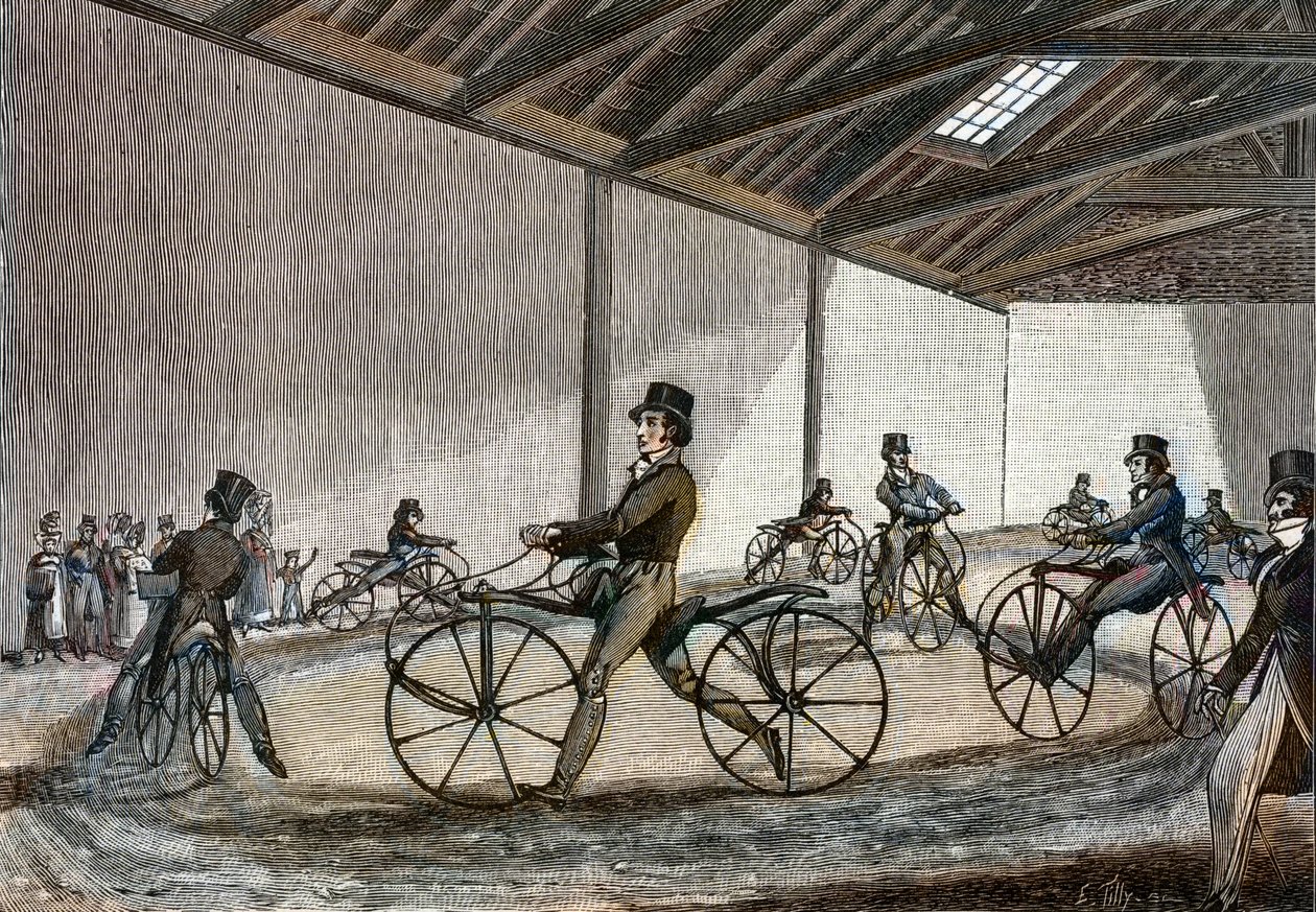 Interne weergave van de manege voor hobbelpaard. Man die fietsen bestuurt (fietsen zonder pedalen uitgevonden door Baron Karl Drais) door Unknown artist