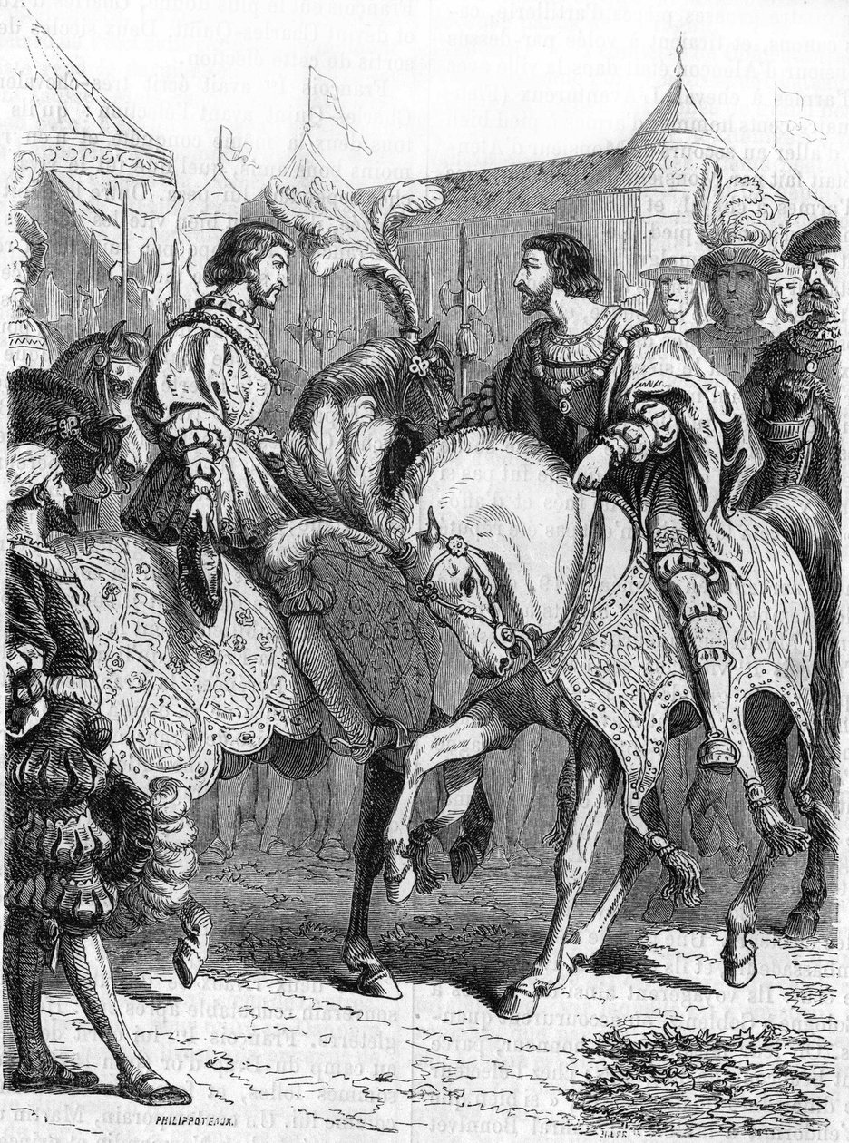 Interview van Frans I en Hendrik VIII. Gravure uit de 19e eeuw. door Unknown artist