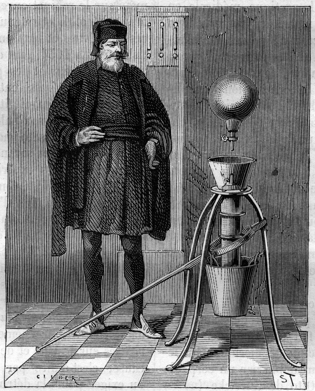 Uitvinding: Pneumatische machine door Otto de Guericke (1602-1686), Duitse uitvinder. Gravure in 