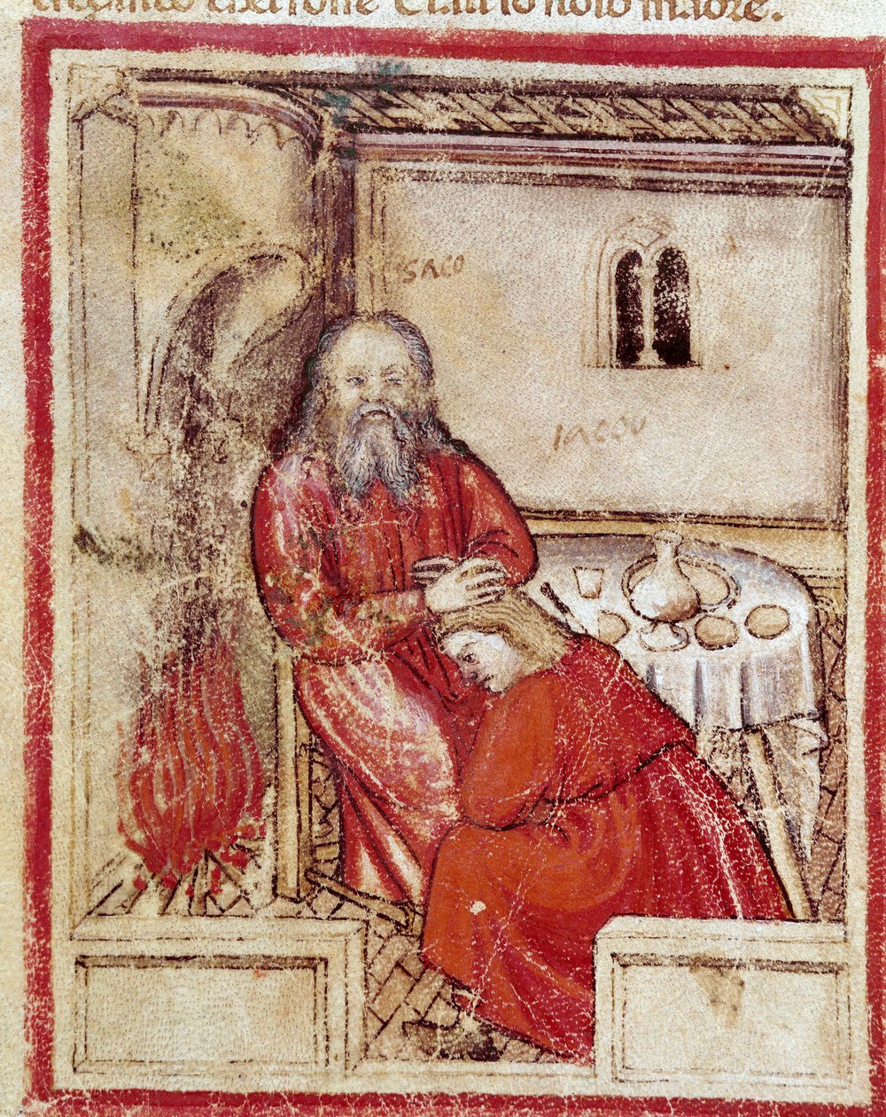 Isaak na het eten van het bokje gebracht door zijn zoon Jakob de Benit, denkend dat het Esau is Miniatuur uit codex 212 (of padovano codex of Bijbel van Padua) 1390-1400 Rovigo, Accademia dei Concordi door Unknown artist