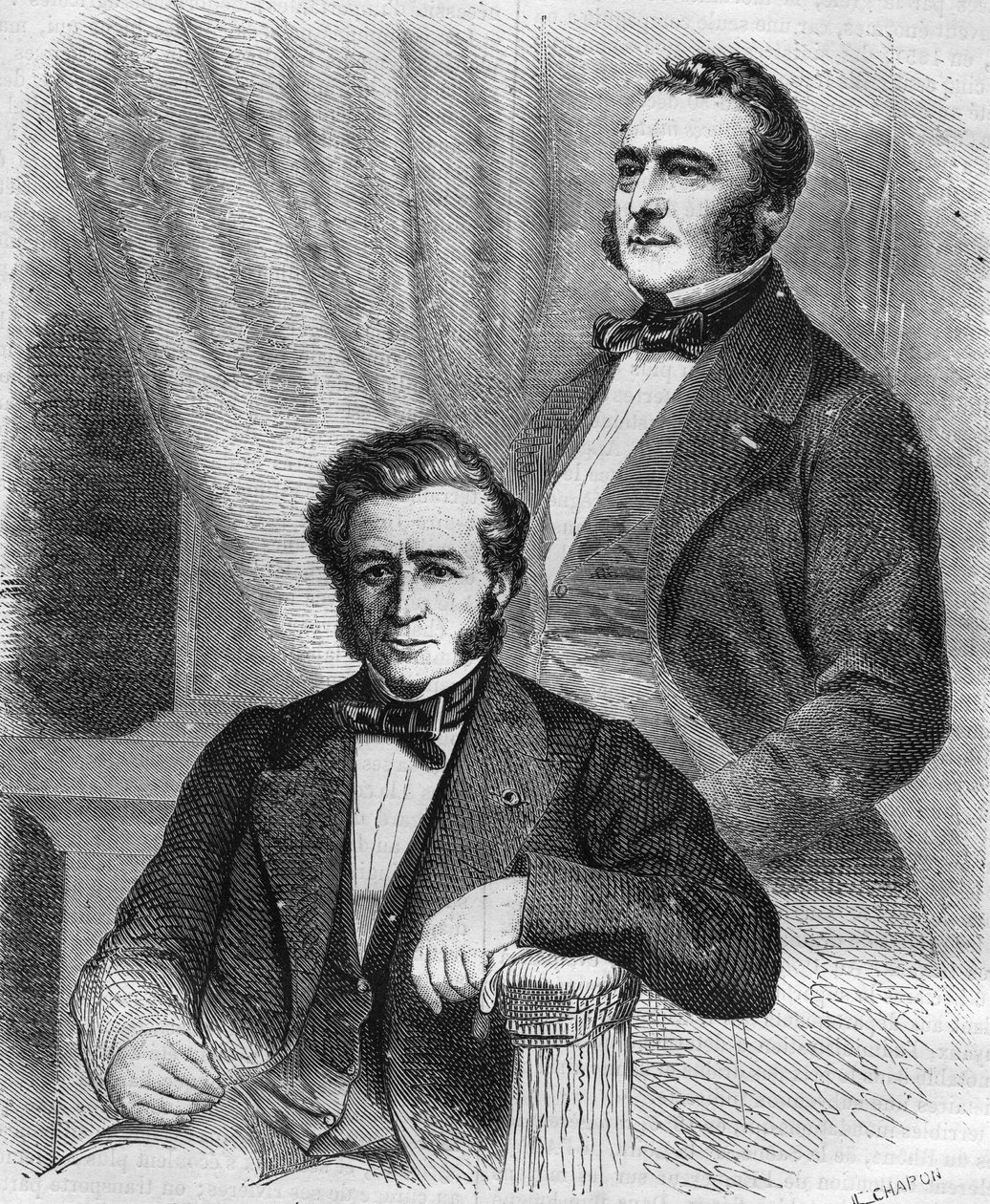 Isaac en Jacob Emile Pereire, Franse zakenlieden, oprichters van de Société de crédit mobilier (1852). door Unknown artist