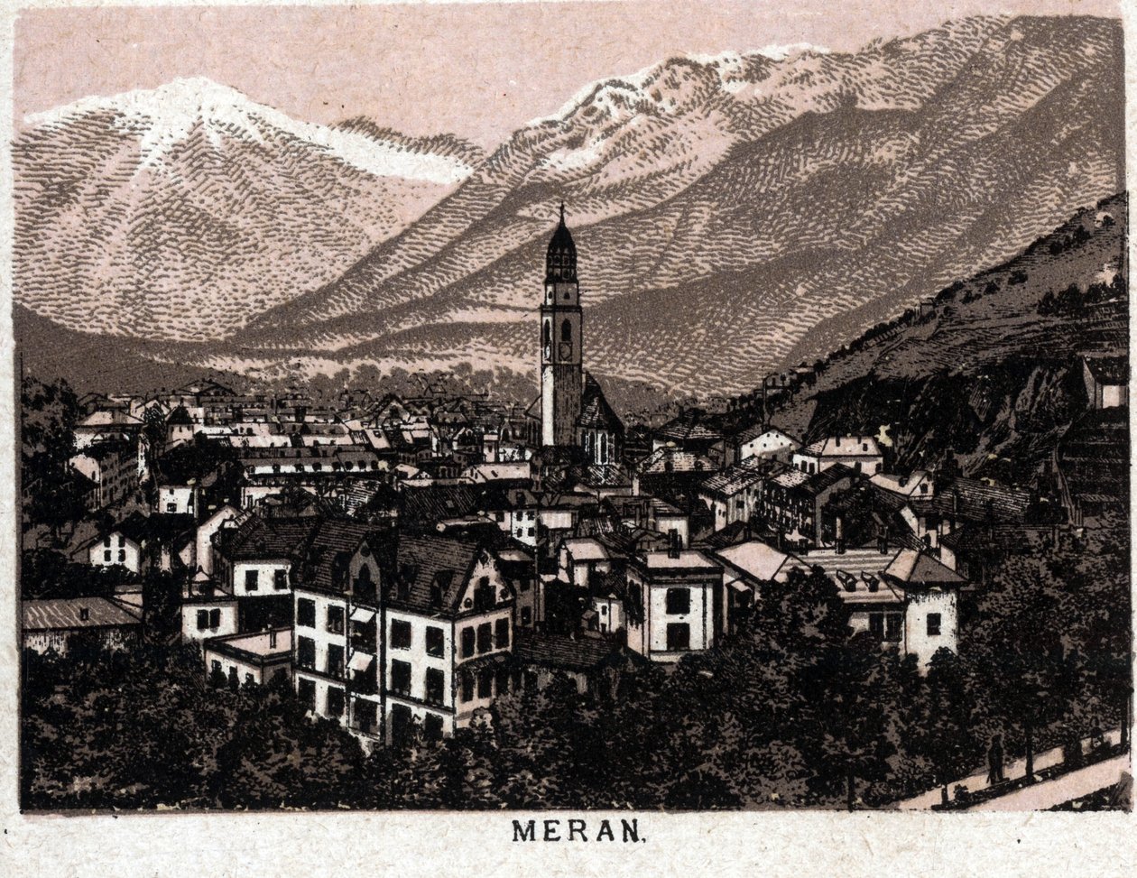 Italiaanse Tirol: uitzicht op de stad Meran door Unknown artist