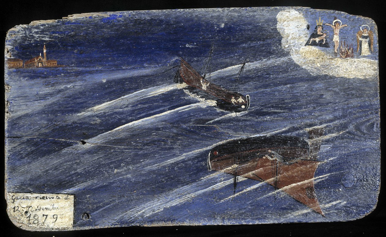Italiaanse ex-voto voor een schipbreuk in 1879 - schilderij op hout door Unknown artist