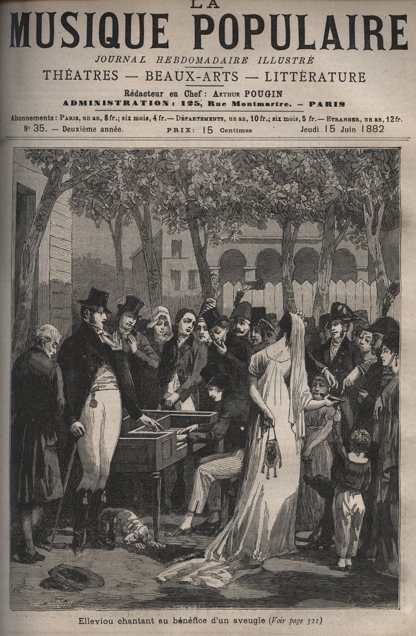 Jean Elleviou, Franse zanger, komiek en librettist (1769-1842) zingend ten behoeve van een blinde man in 1801 op de Champs-Elysées - gravure in 