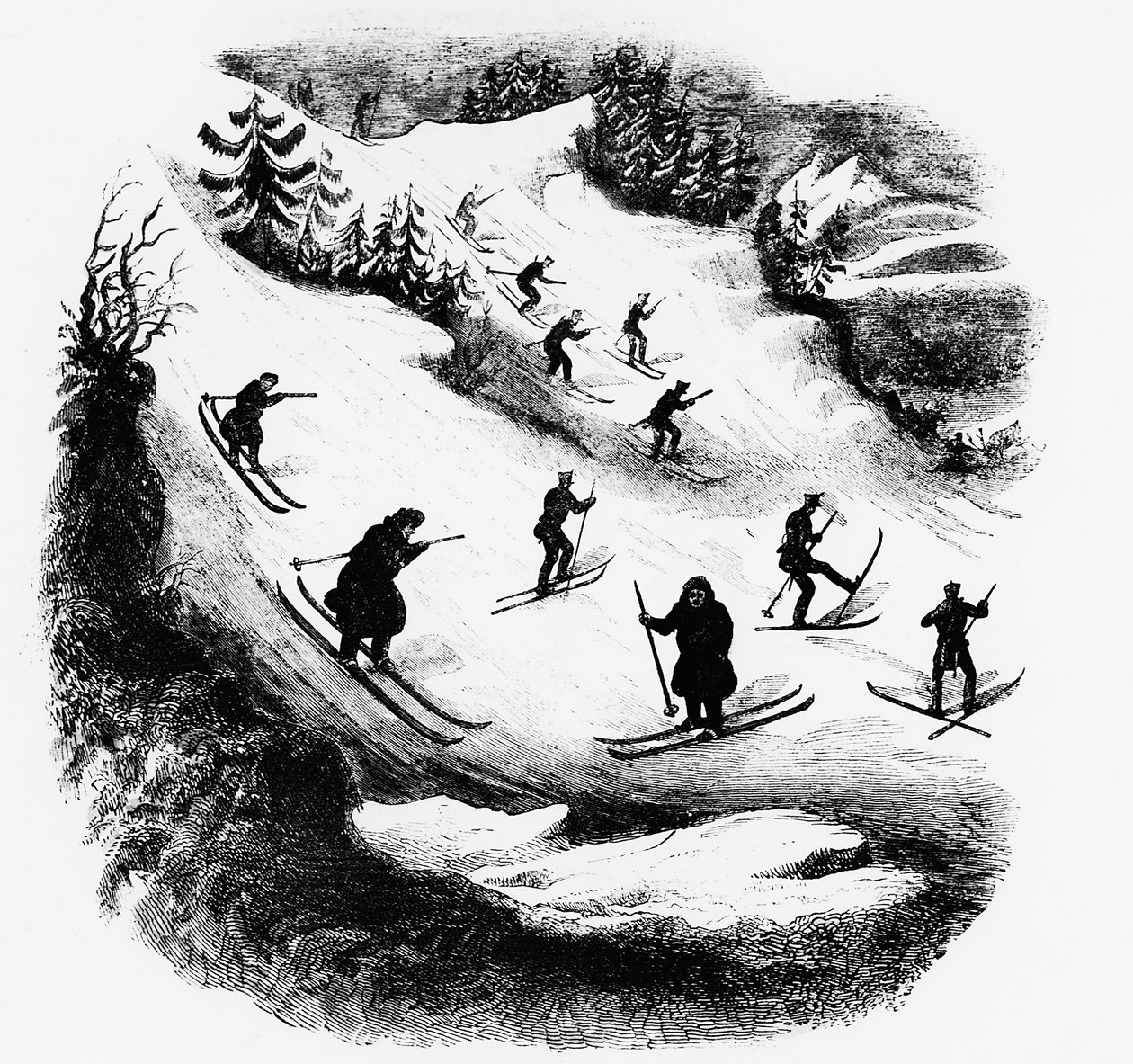 Spelen van het Noorden: skiërs op een piste door Unknown artist