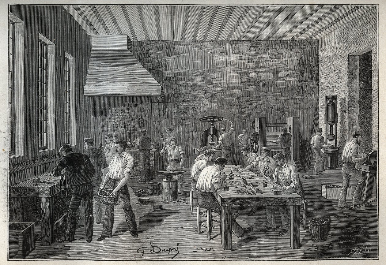 Juwelen: staaljuwelenfabriek. Gravure uit 1885 in 