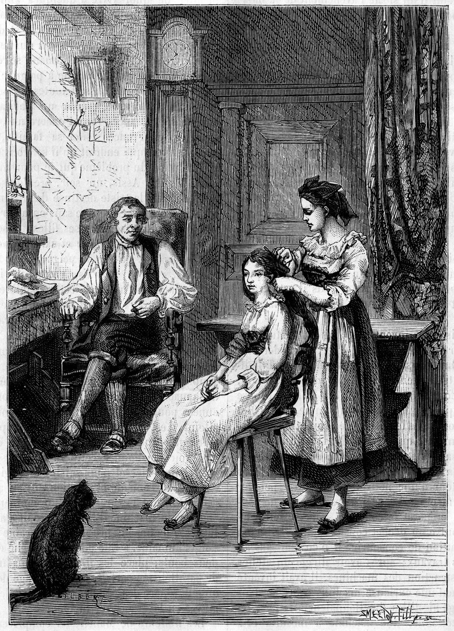 Josue Heilmann (1796-1848), een Franse uitvinder, observeert hoe zijn dochters hun haar kammen. Hij inspireerde zichzelf in deze scène om de mechanische kam in 1843 te creëren. Gravure in 