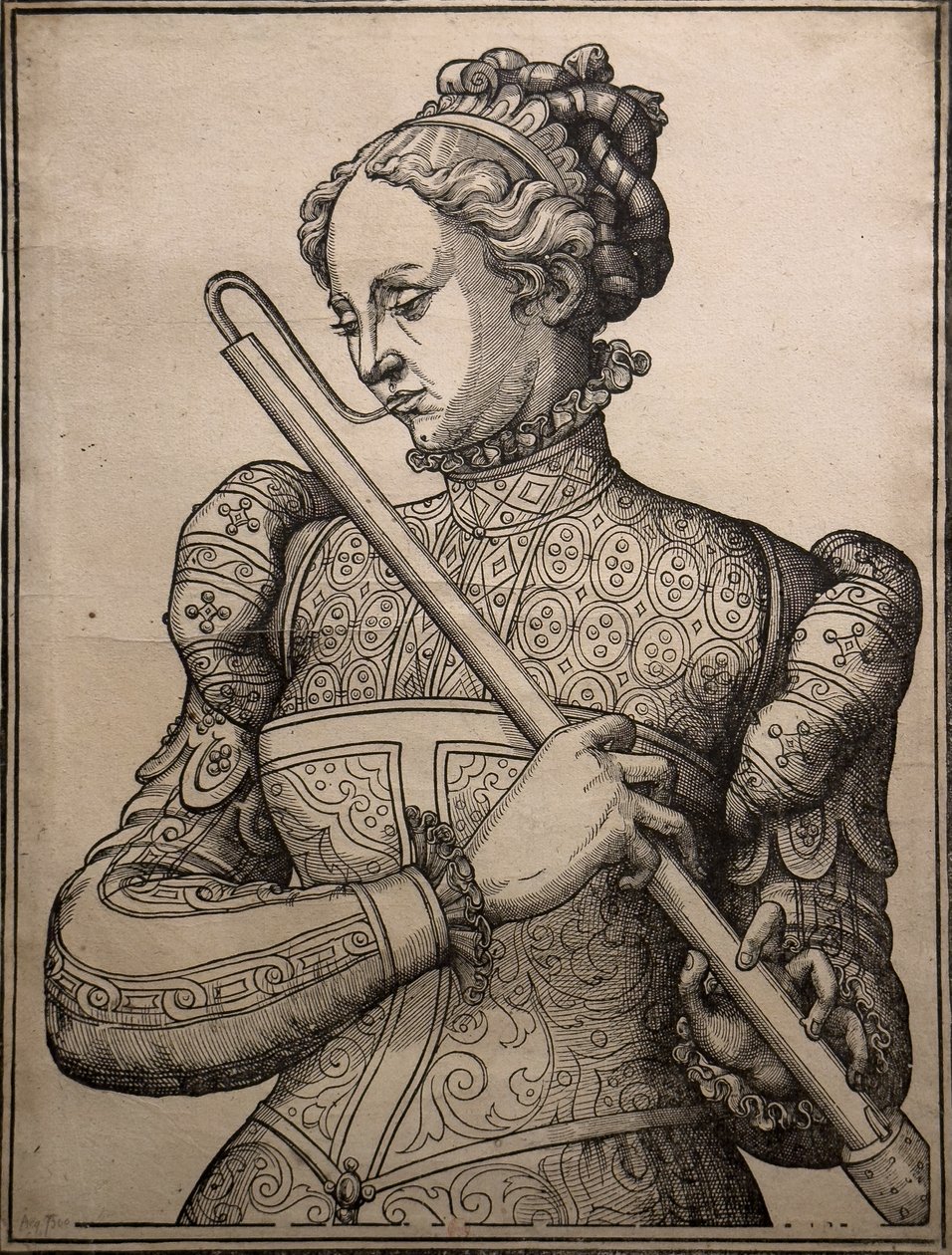 Douçaine-speler, circa 1560 (Houtgravure) door Unknown artist