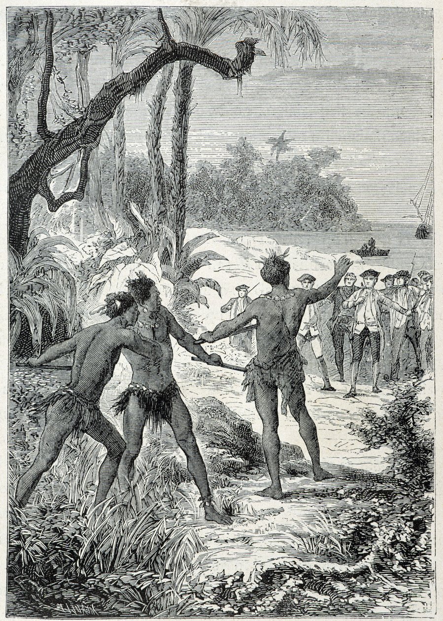Reis van Kapitein James Cook naar Nieuw-Guinea: de eerste ontmoeting met de inboorlingen, illustratie uit 