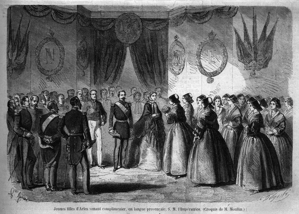 Reis van keizer Napoleon III (1808-1873) en zijn vrouw Eugenie de Montijo (1826-1920) naar het hertogdom Savoye na de annexatie van het graafschap Savoye (Maart Turijn Verdrag): hier bezoekt het keizerlijk paar Arles en ontmoet jonge meisjes uit de regio door Unknown artist