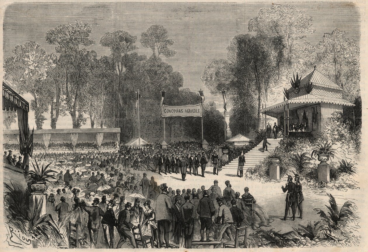 Reis van Napoleon III (1808-1883) en keizerin Eugénie de Montijo (1826-1920) naar Rouen: uitreiking van prijzen op de landbouwwedstrijd. Gravure in 