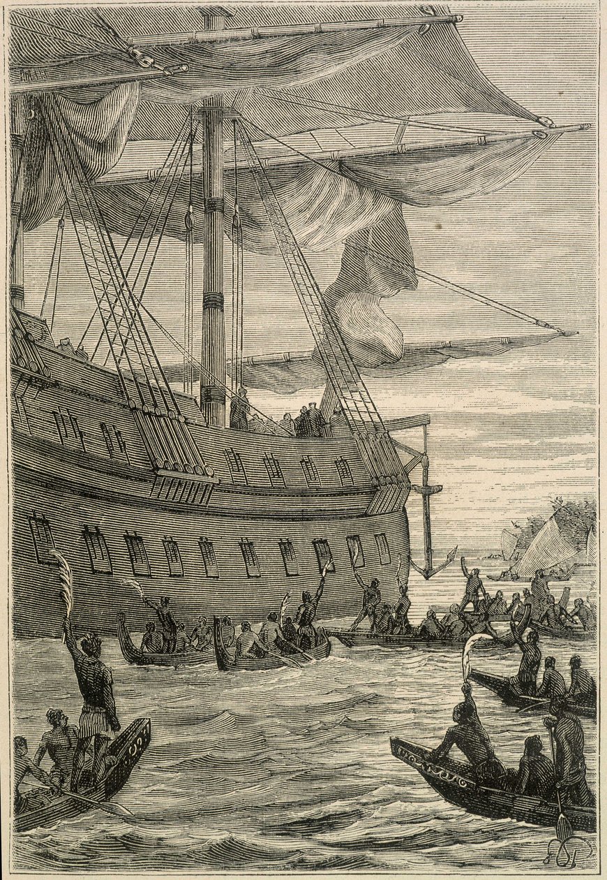 Reis van Samuel Wallis (1728-1795) naar Polynesië: inheemse mensen met bananentakken in de hand als welkomstgroet - illustratie uit "De Grote Zeevaarders van de 18e eeuw" door Unknown artist
