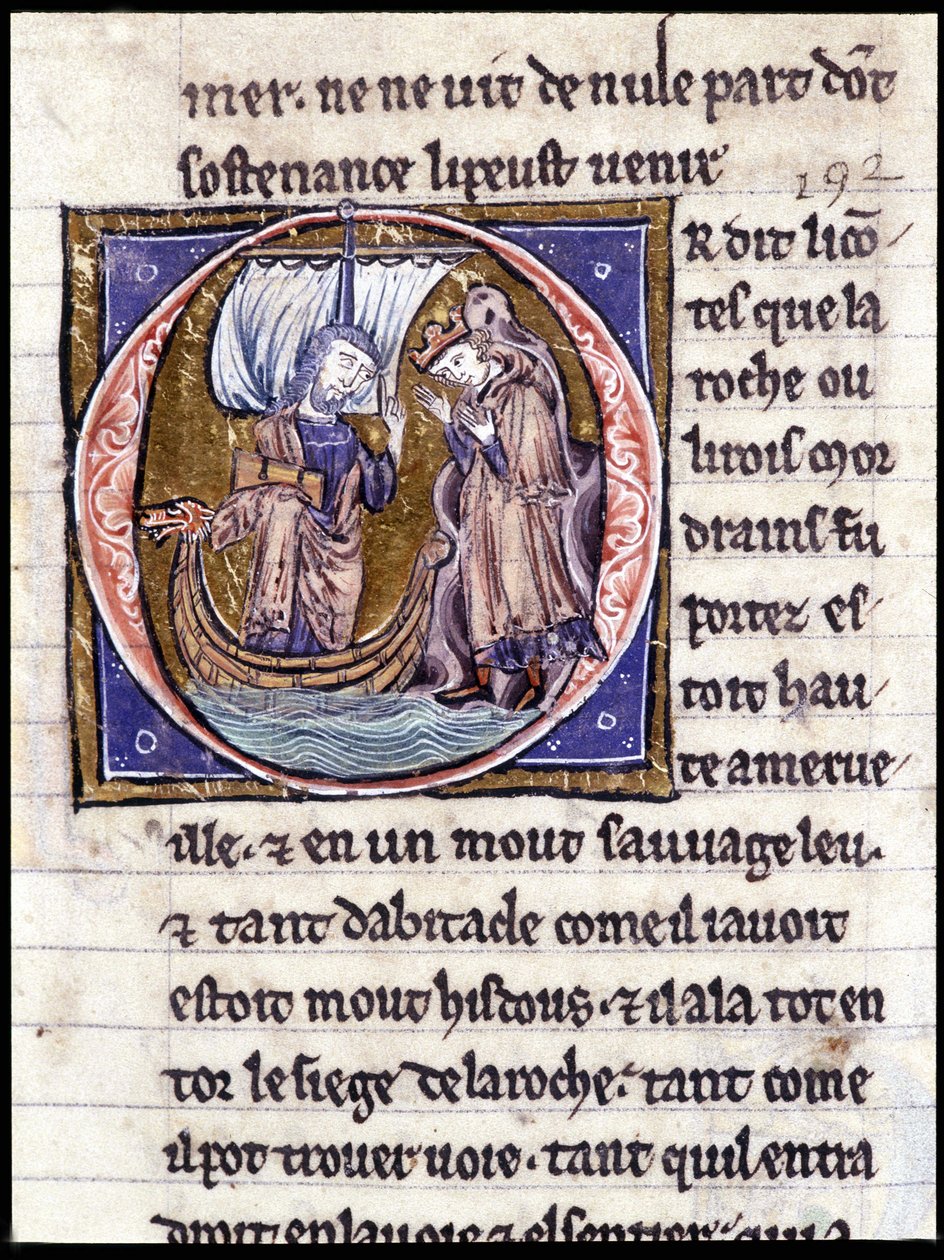 Koning Modreius. Manuscript: Verovering van de Heilige Graal, geschreven 717 jaar na de passie van onze heer. Bibliothèque municipale de Rennes, ms. 255 (Collectie van romans van de Ronde Tafel); Parijs door Unknown artist