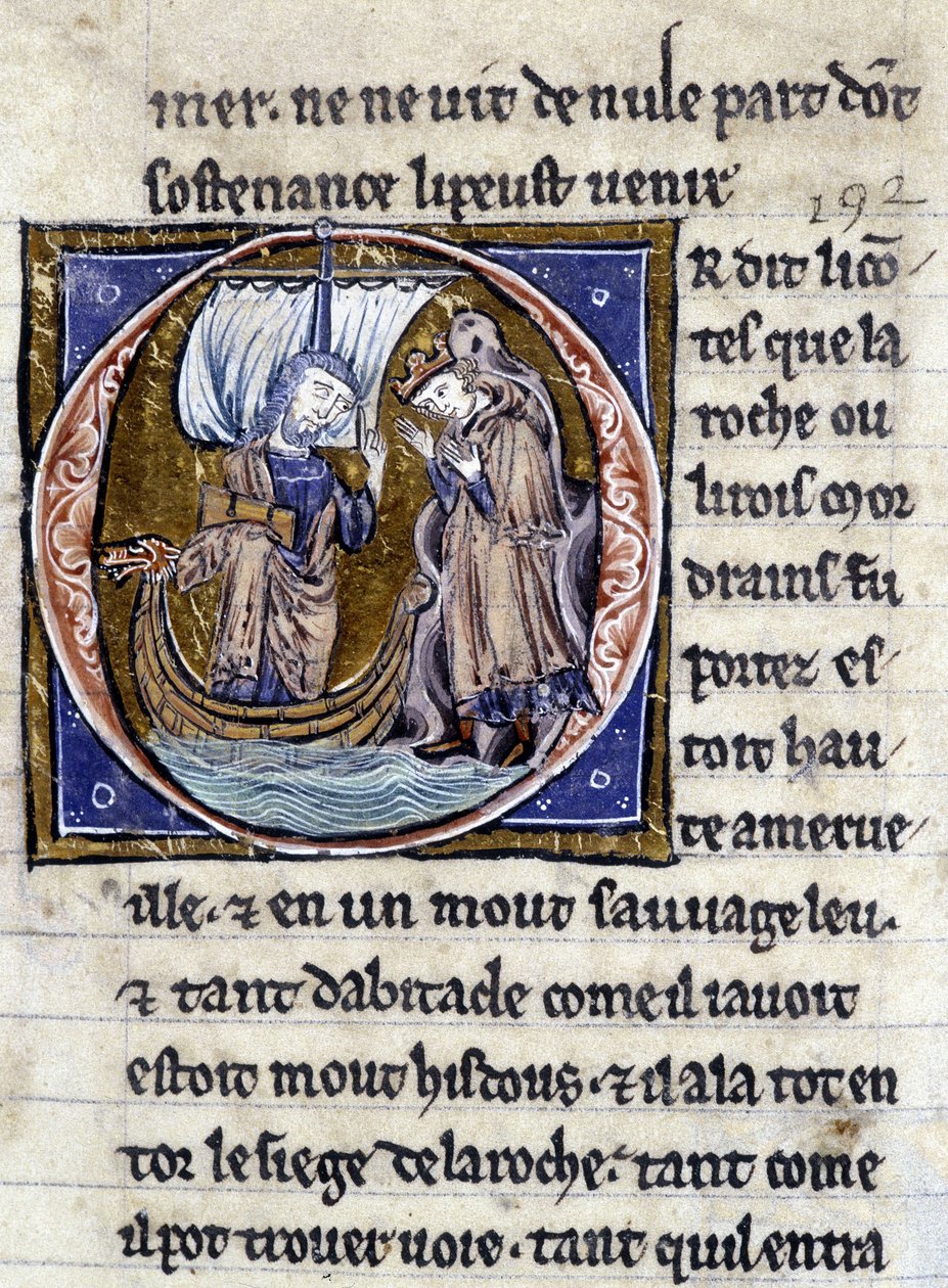 Koning Modreius. Manuscript: Verovering van de Saint Gréal, geschreven 717 jaar na de passie van onze heer. Bibliotheque municipale de Rennes, ms. 255 (Collectie romans van de Ronde Tafel); Parijs door Unknown artist