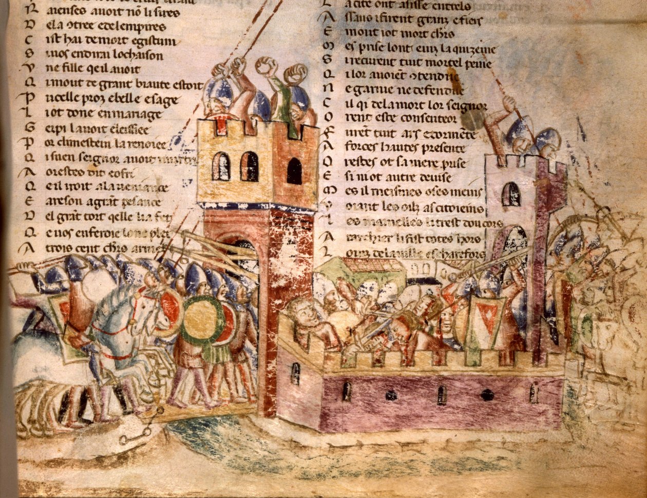 Ridders bestormen een kasteel. 12e-eeuws manuscript. Bibl. Marciana Venetië door Unknown artist