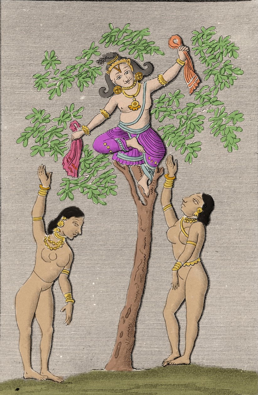 Krishna vliegend met twee gopi