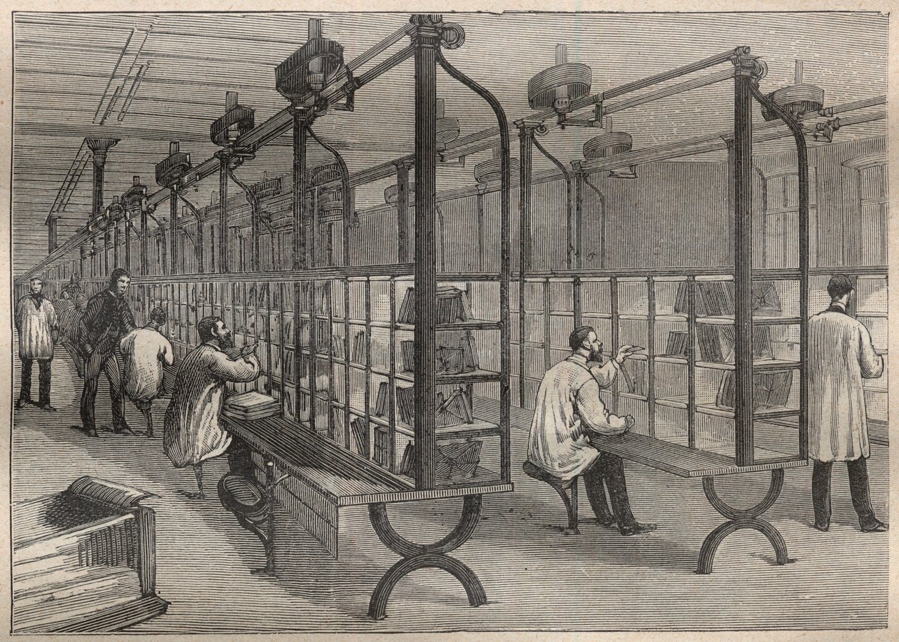 De post: het sorteren van post in het Hotel des Posts de Paris - Gravure in 