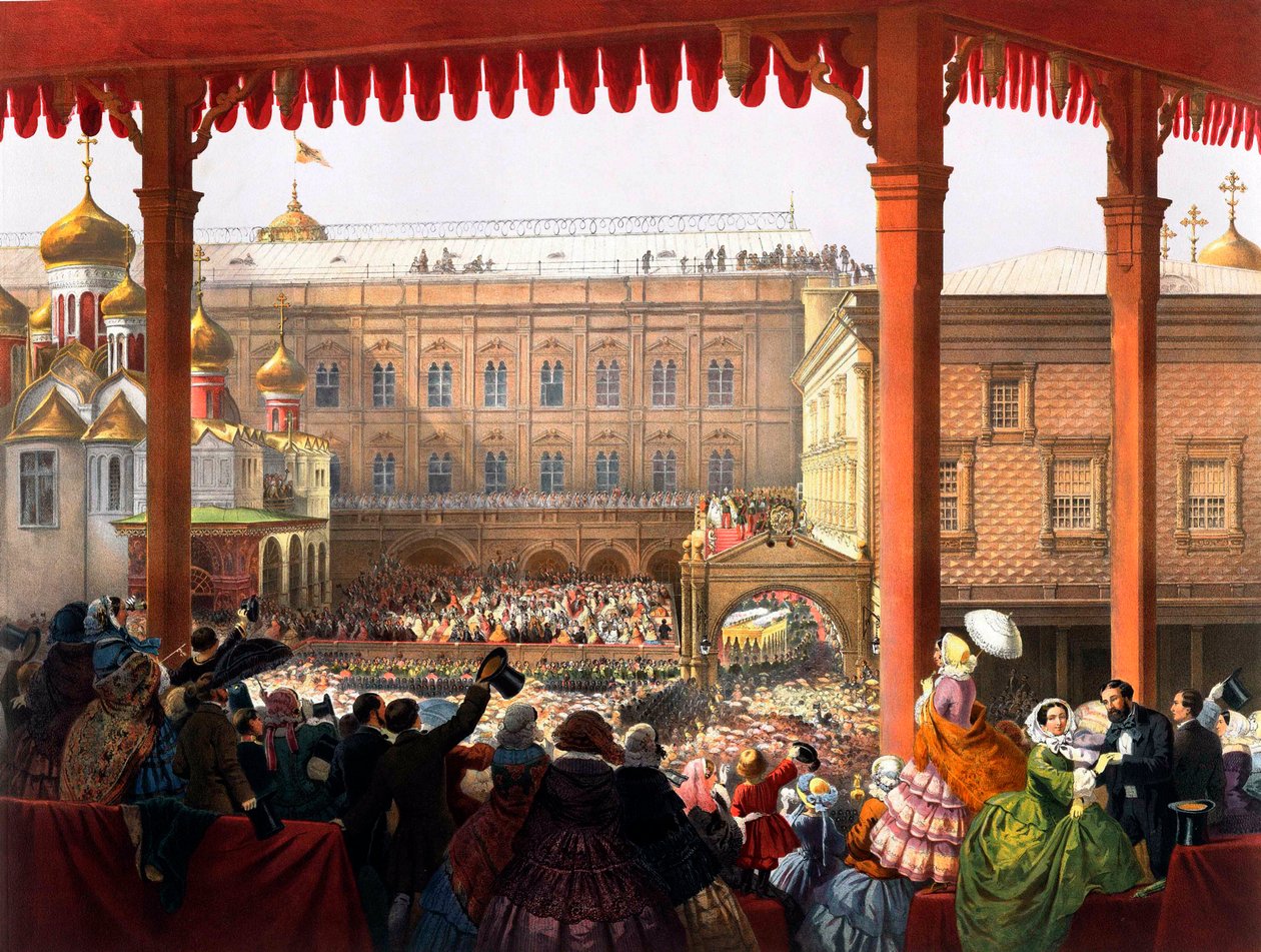 De kroning van keizer Alexander II op 18/02/1855, menigte door Unknown artist