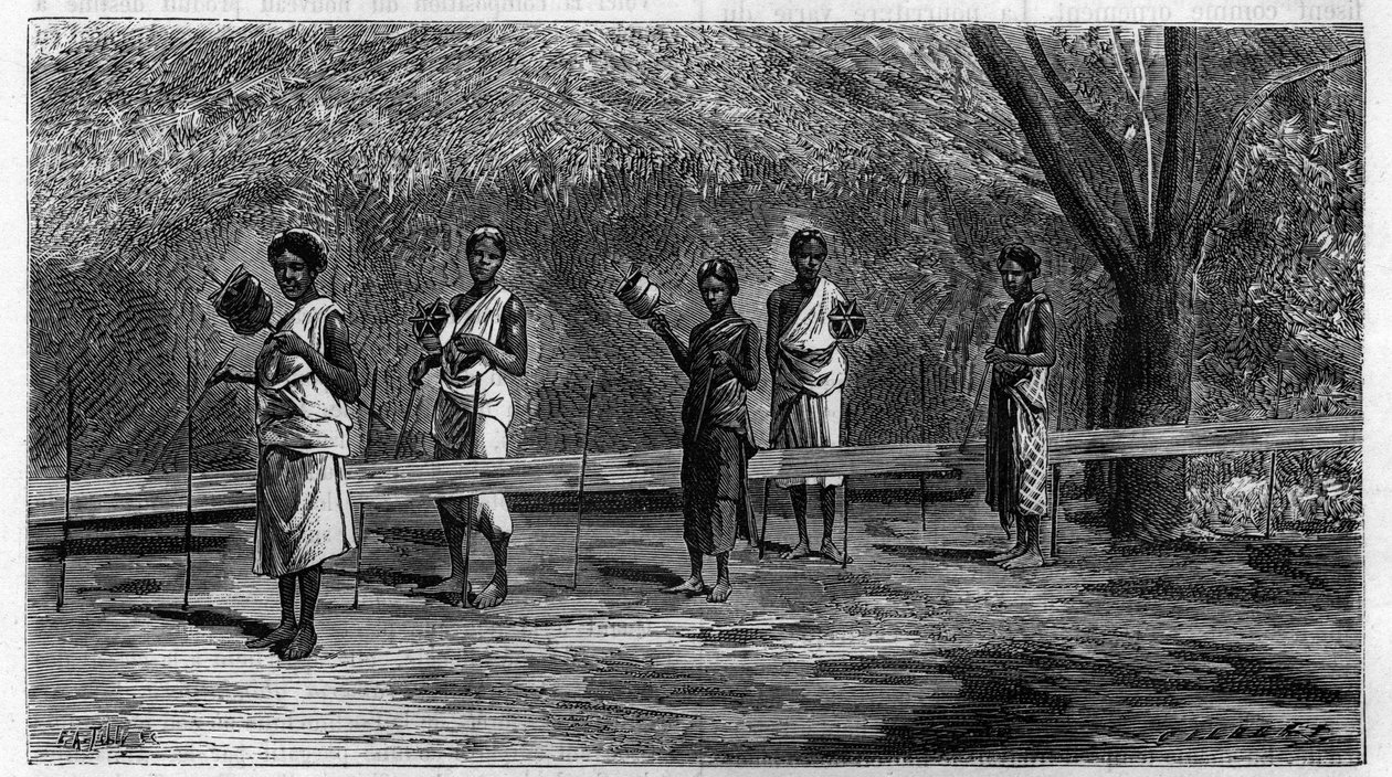 Het weven in Indië: voorbereiding van de kettingdraden (operatie van het scheren) Gravure uit 1883. in 