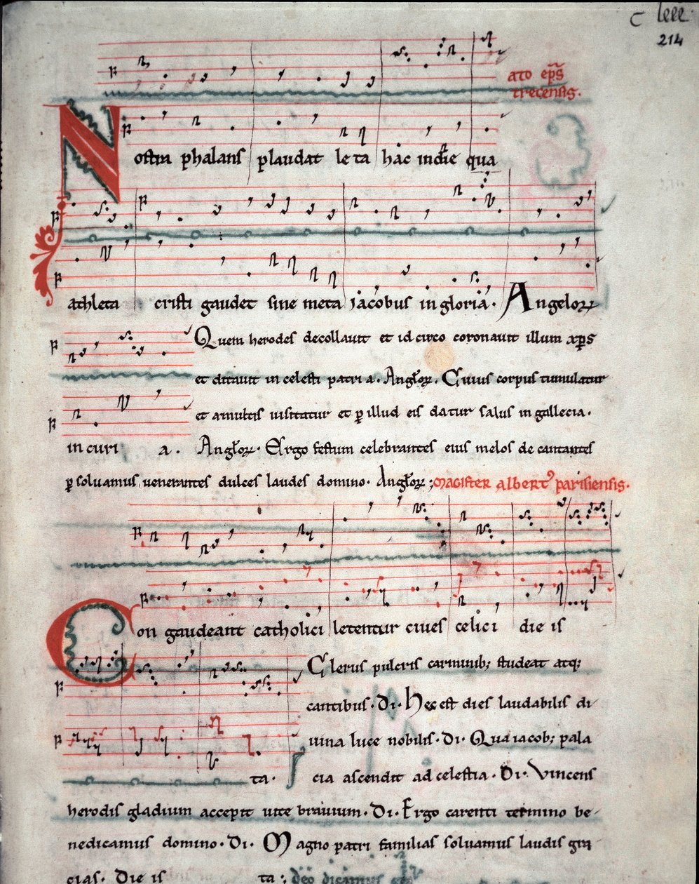 Folder van een pelgrimsgids met teksten van de pelgrimstocht naar Santiago de Compostela (Santiago de Compostella) Fol. 214 r. Uit een 13e-eeuws manuscript. Archief van de kathedraal van Santiago de Compostela (Santiago de Compostela), Spanje door Unknown artist