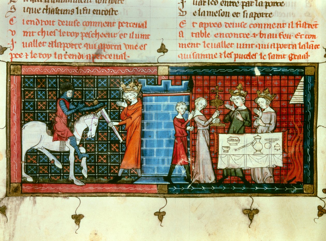 Links: Perceval ontvangt een zwaard van koning Pescheor. Rechts: Processie van de Heilige Graal. Miniatuur uit Tale du Grail door Unknown artist
