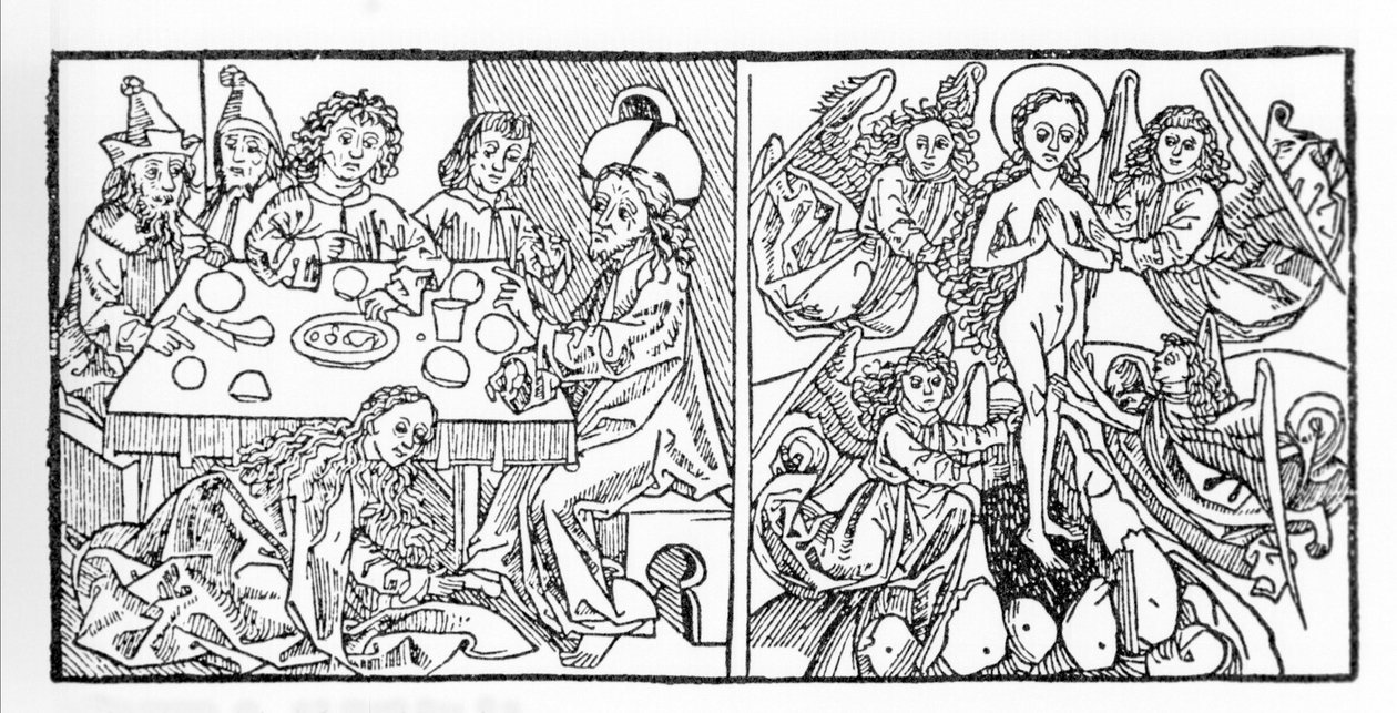 Links: Sint Maria Magdalena droogt Jezus