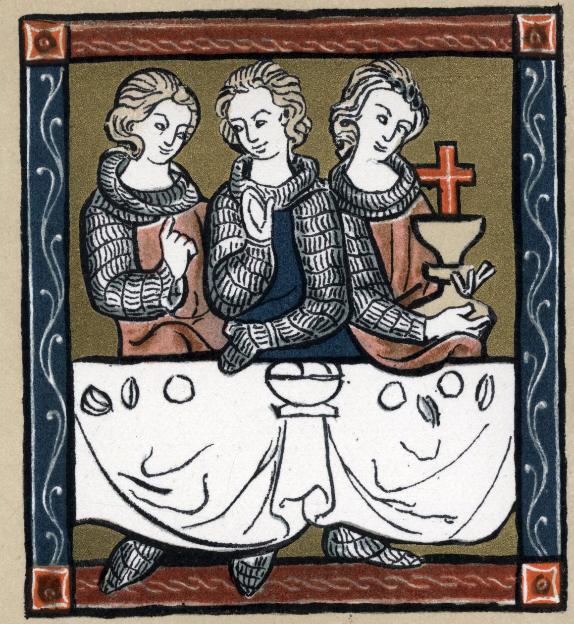 Arthurlegende: Galahad (Gaalad of Galaad), Perceval en Bohort (Bors of Borrt) met de Heilige Graal. In 