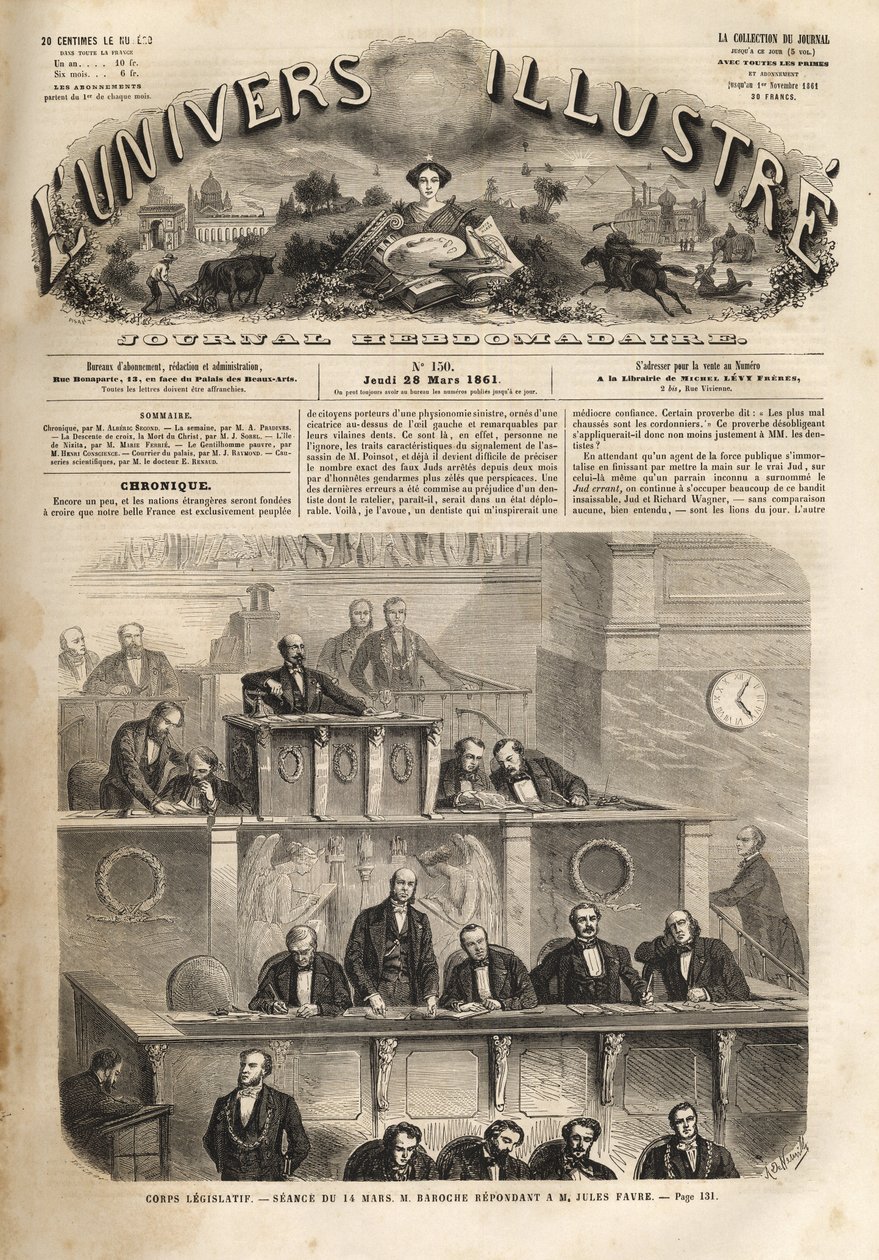 Wetgevend lichaam - zitting van 14 maart 1861 - Pierre Jules Baroche antwoordt aan Jules Favre - het Illustere Universum van 1861 door Unknown artist