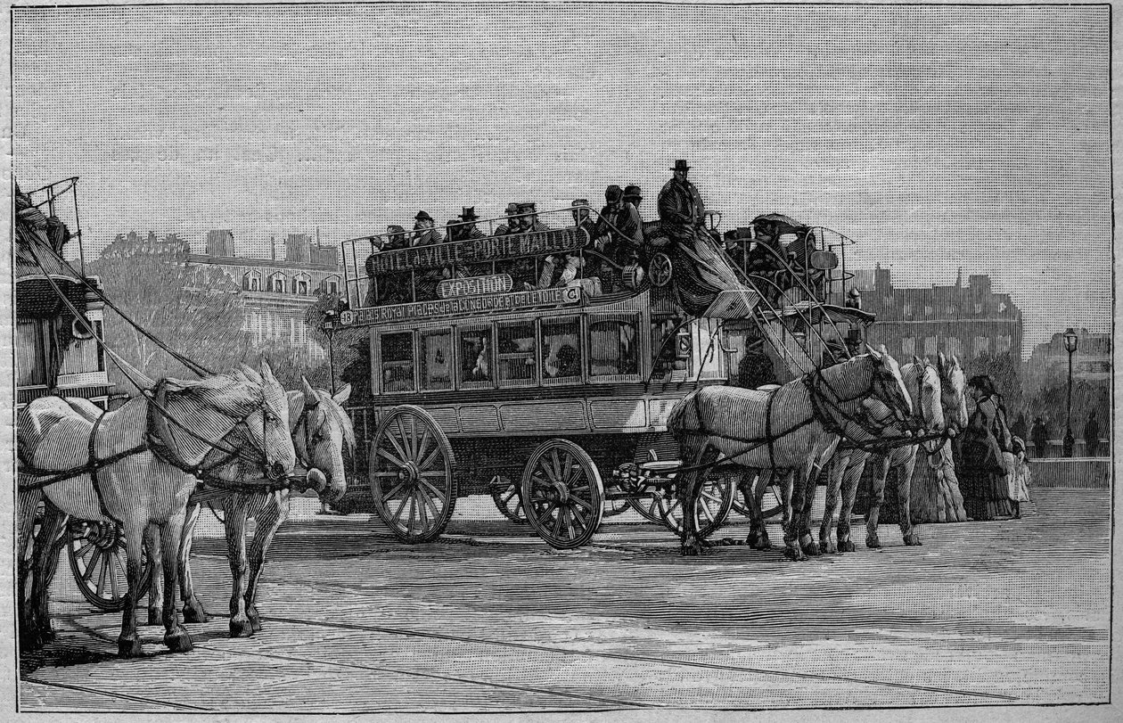De Omnibussen van Parijs in de 19e eeuw: de moderne omnibus - gravure uit 1892 door Unknown artist