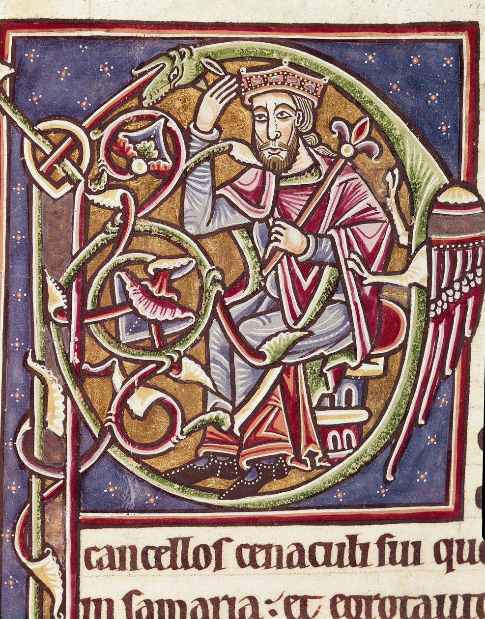 Lettrine P versierd met de voorstelling van de koning van het land Moab (miniatuur) uit een Bijbel (Ms 3088) 12e eeuw Coimbra, bibliotheek van de Universiteit door Unknown artist