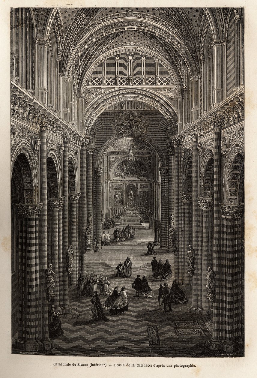 Interieur van de kathedraal van Siena, gravure ter illustratie van een reis naar Siena (Italië) in 1865, in 