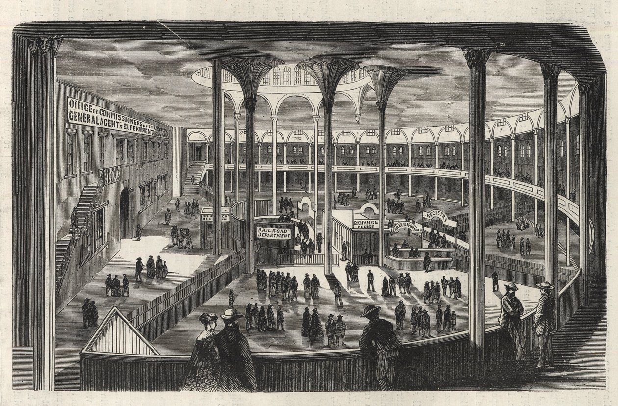 Het interieur van een emigrantendepot van Castle Garden - New York State - Emigratiecommissie - Gravure in 