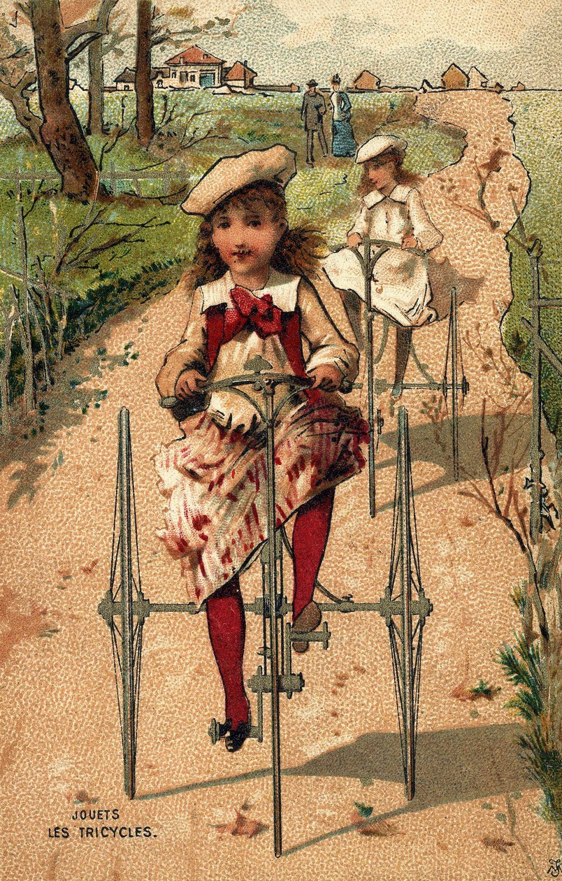 Meisjes op driewielers. Chromolithografie rond 1890 door Unknown artist