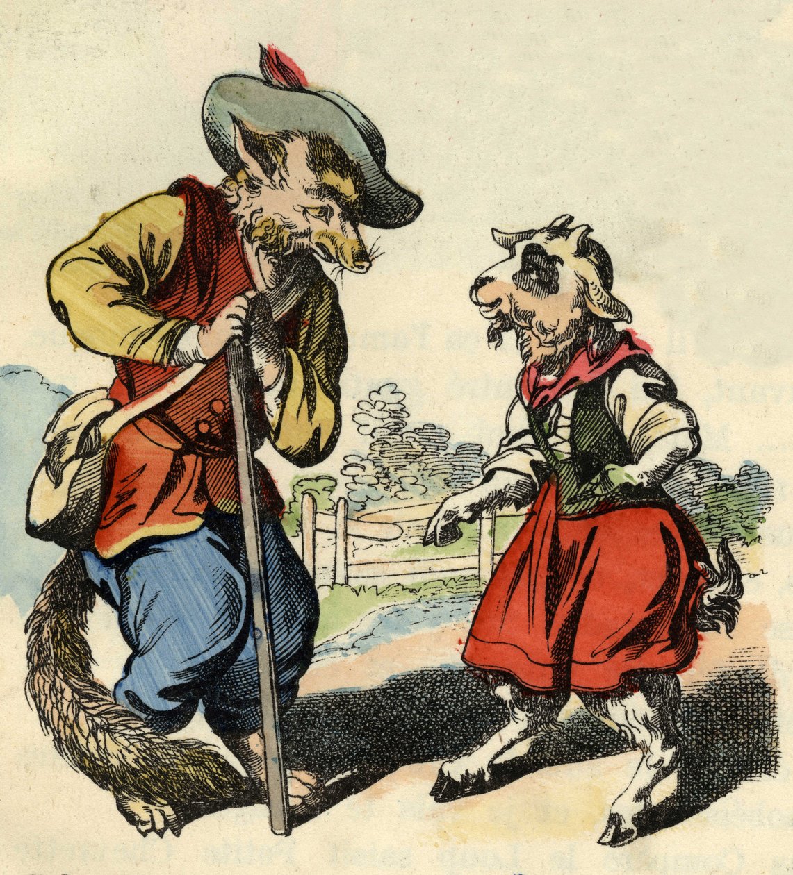 Klein geitje praat met Meester Vos (illustratie van het sprookje 