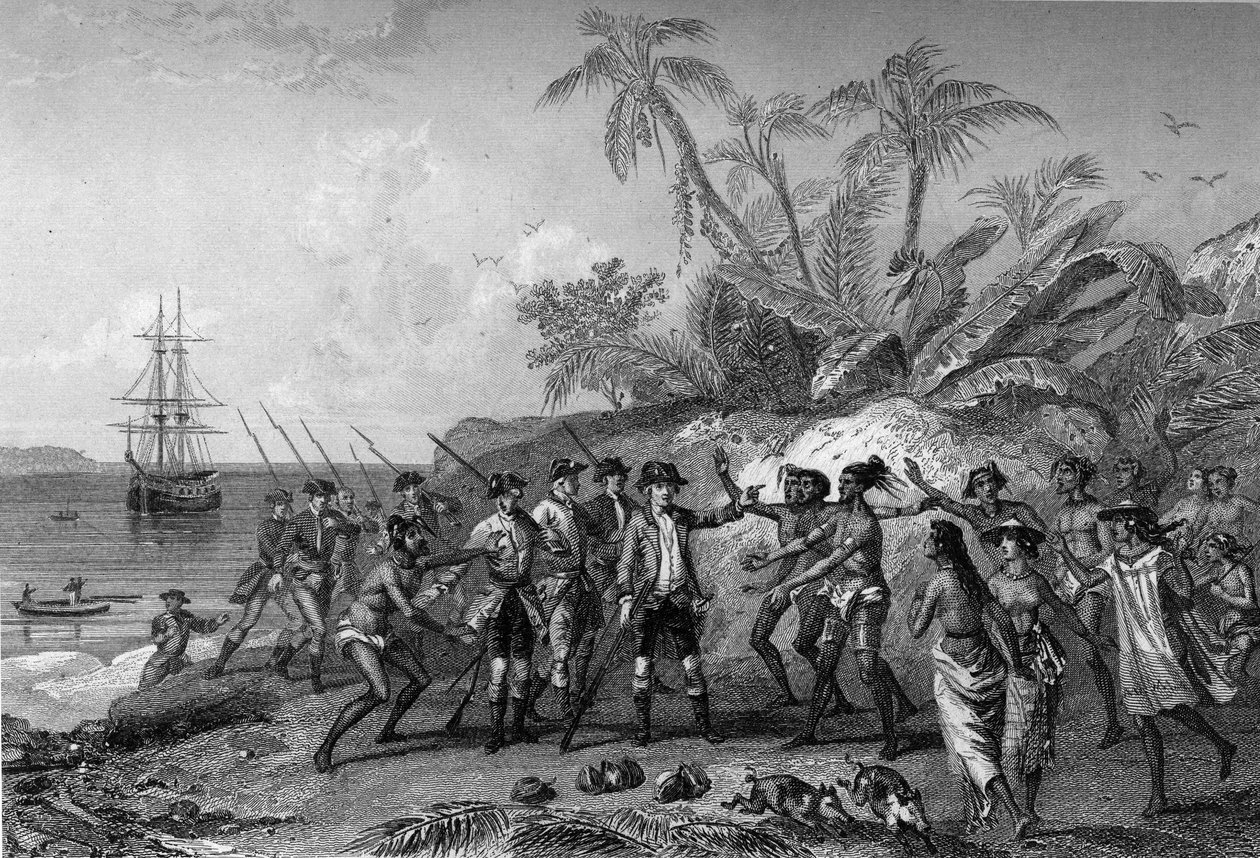 Louis Antoine Comte de Bougainville, Franse navigator (1729-1811), nadert de eilanden van de Markiezen in Tahiti, 6 april door Unknown artist