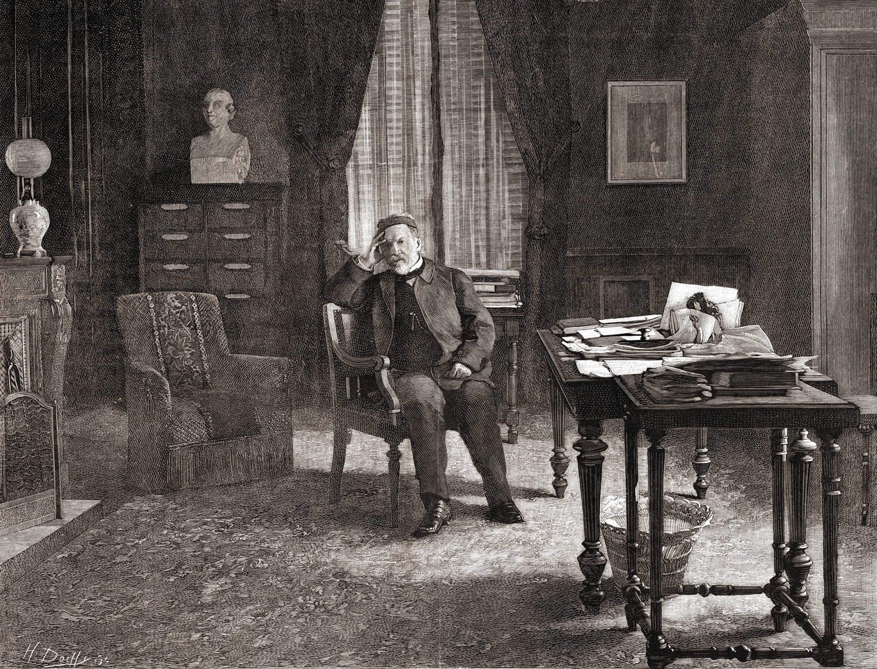 Louis Pasteur in zijn kantoor in het instituut. Gravure van de 19e eeuw. door Unknown artist